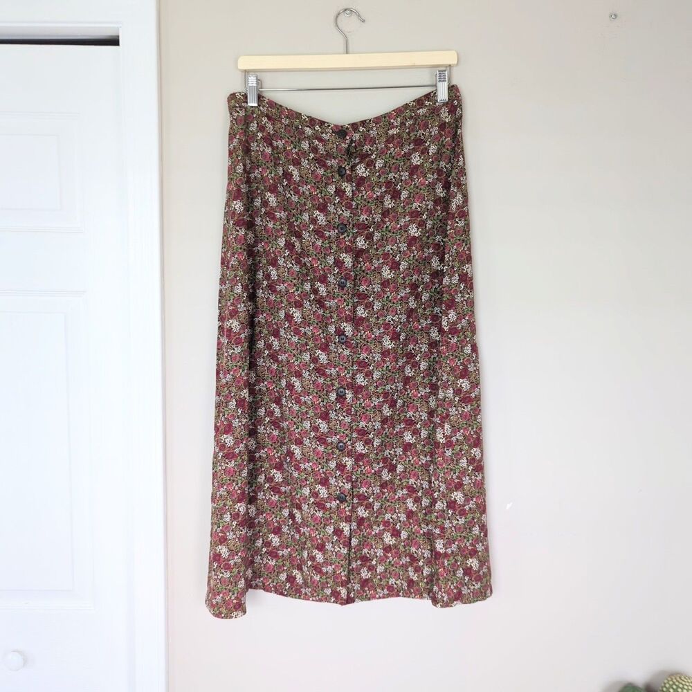 Christopher & Banks Red Floral Button Midi Skirt Fairy Grunge Dark Modest 8